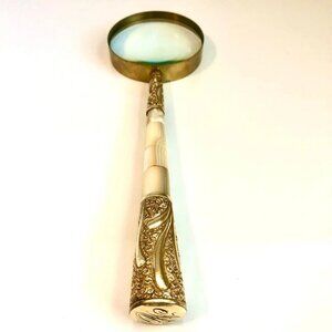 Antique Magnifying Glass Ornate Handle 14k Gold Plate & Mother of Pearl